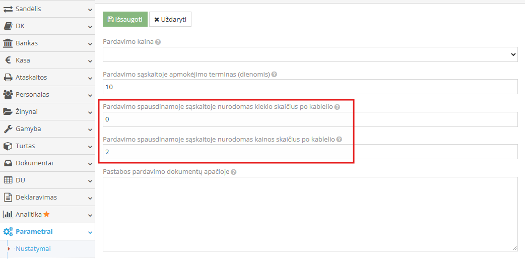 Window for setting the number of decimal places displayed in sales documents